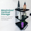 GoHooked black 3-tier iron countertop storage organizer rack with bottles and toiletries