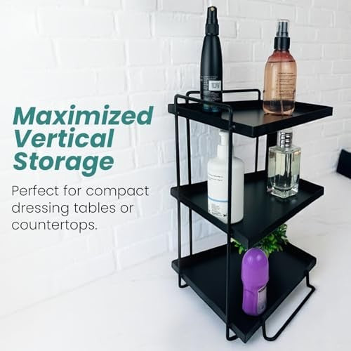 GoHooked black 3-tier iron countertop storage organizer rack with bottles and toiletries