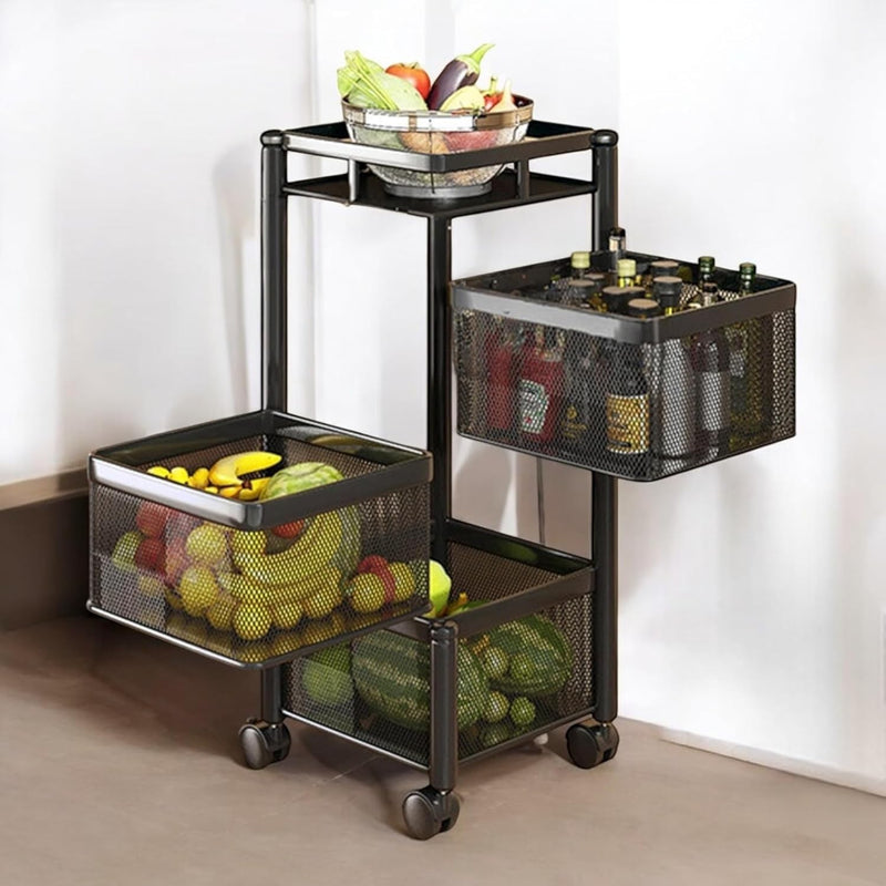 GoHooked black 3-tier metal mesh rolling trolley organizer filled with fruits, vegetables, and bottles.