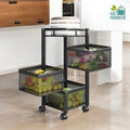Go Hooked black 3-tier rotating mesh storage trolley filled with fruits and vegetables.
