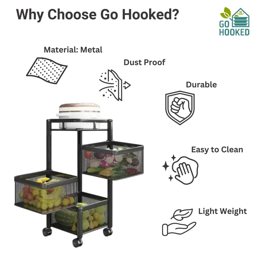 GoHooked black 3-tier metal rotating storage trolley organizer with drawers filled with fruits and vegetables.