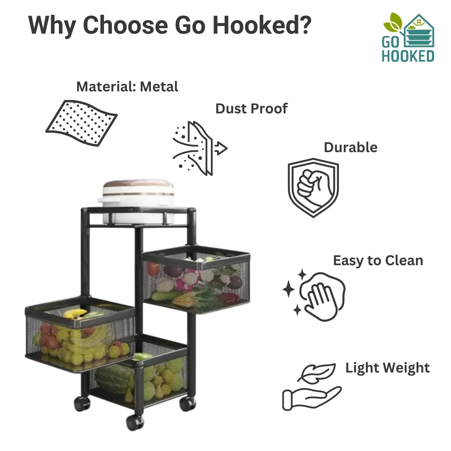 GoHooked black 3-tier metal rotating storage trolley organizer with drawers filled with fruits and vegetables.