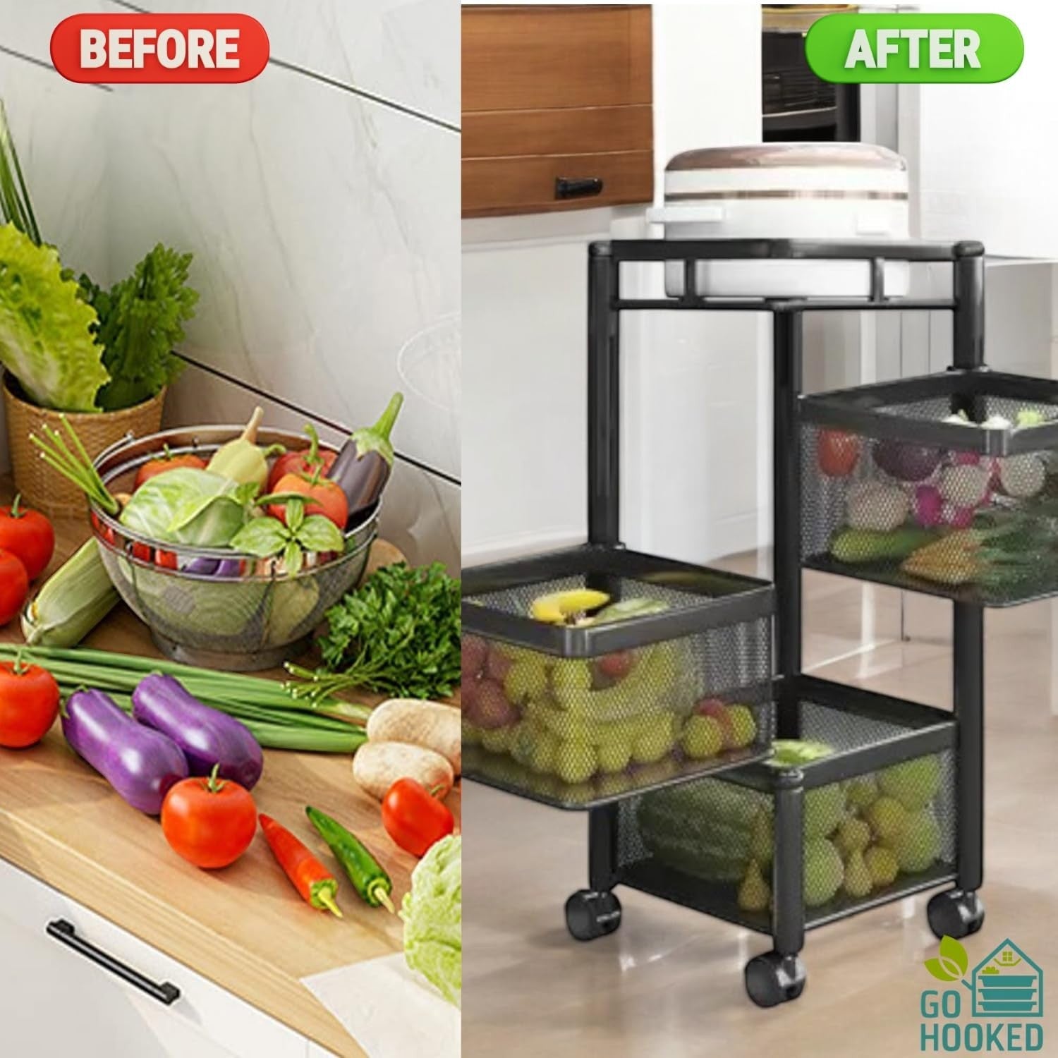 Go Hooked black 3-tier rotating metal mesh storage trolley organizer with wheels, filled with fruits and vegetables.