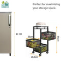 Go Hooked black 3-tier rotating storage trolley organizer with square mesh baskets filled with fruits and vegetables.