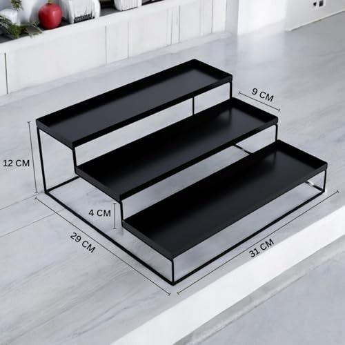 GoHooked black 3-tier step spice rack made of powder-coated iron. Ideal for kitchen countertop or pantry storage.