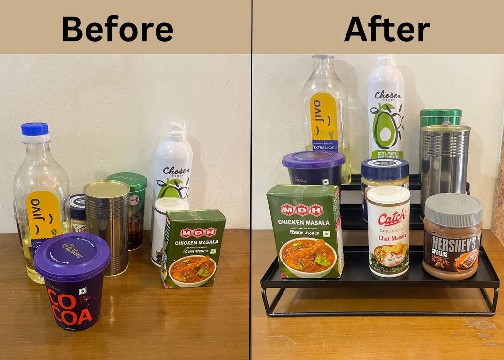GoHooked black 3-tier metal step rack organizing kitchen spices and bottles. Powder coated iron.
