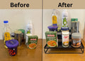 GoHooked black 3-tier metal step rack organizing kitchen spices and bottles. Powder coated iron.