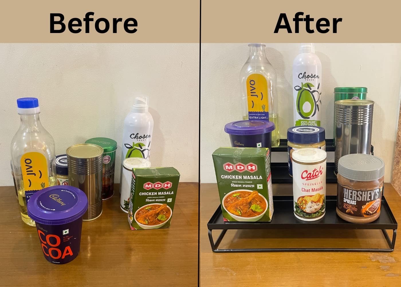 GoHooked black 3-tier metal step rack organizing kitchen spices and bottles. Powder coated iron.