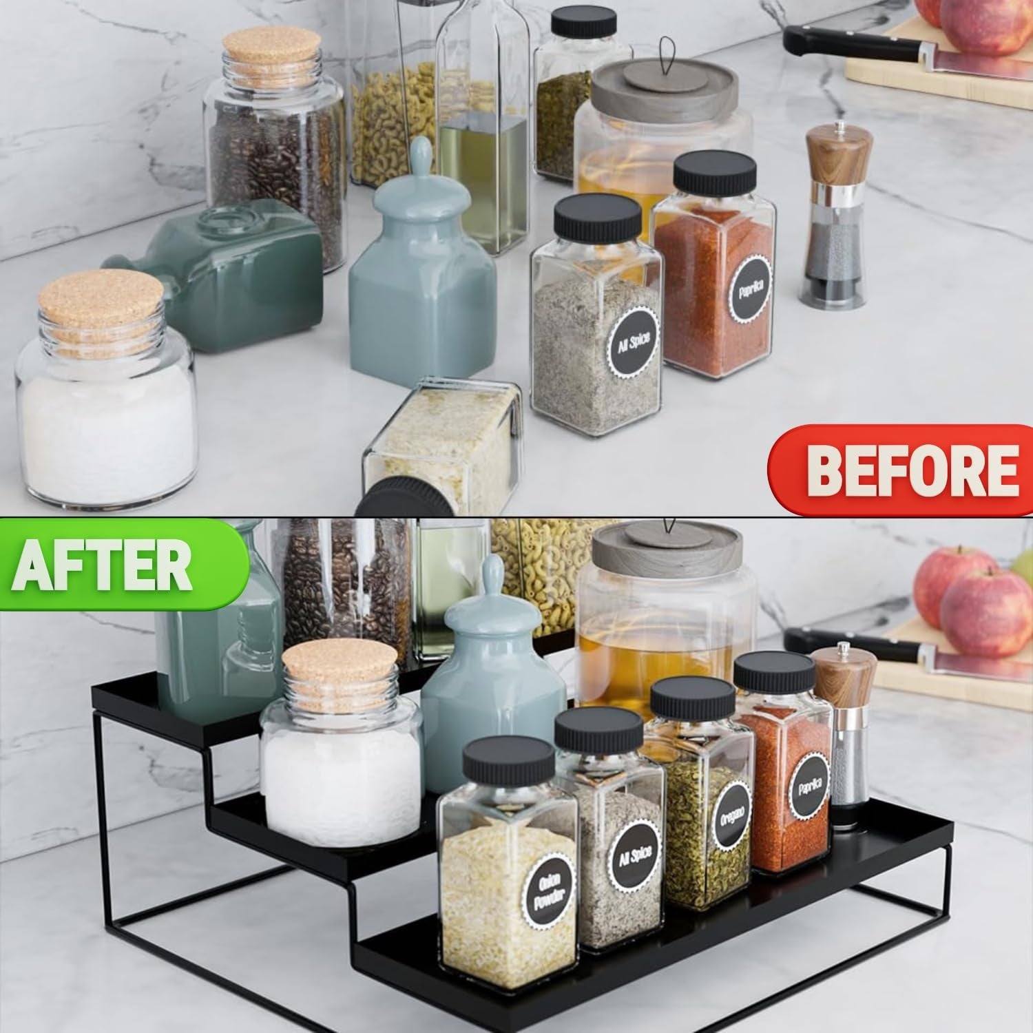 GoHooked black 3-tier step spice rack organizer made of powder-coated iron, ideal for kitchen countertops and pantries.