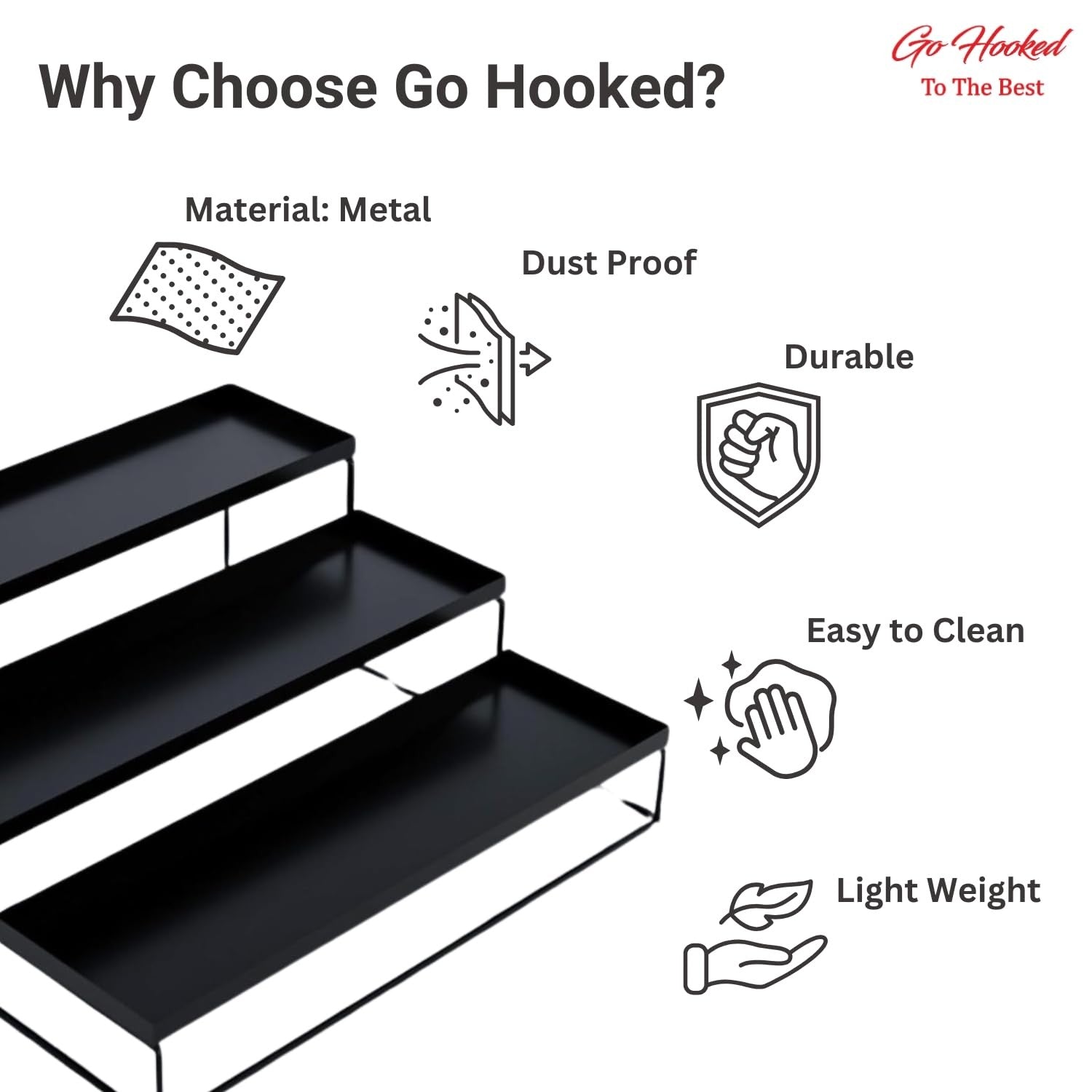 GoHooked black 3-tier metal step shelf for kitchen spice bottles, countertop, pantry, or bathroom organization. Dust proof, durable, easy to clean.