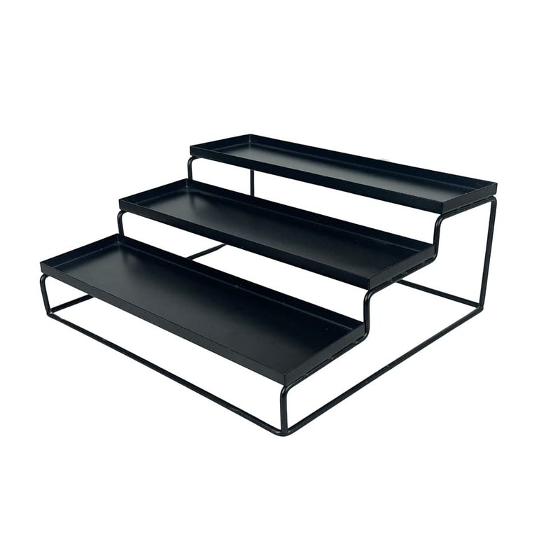 GoHooked black powder-coated iron 3-tier step standing rack for kitchen spice bottles, jars, and organizers.
