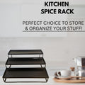GoHooked black 3-tier step standing kitchen spice rack made of powder-coated iron. Ideal for organizing bottles, jars, and cans.