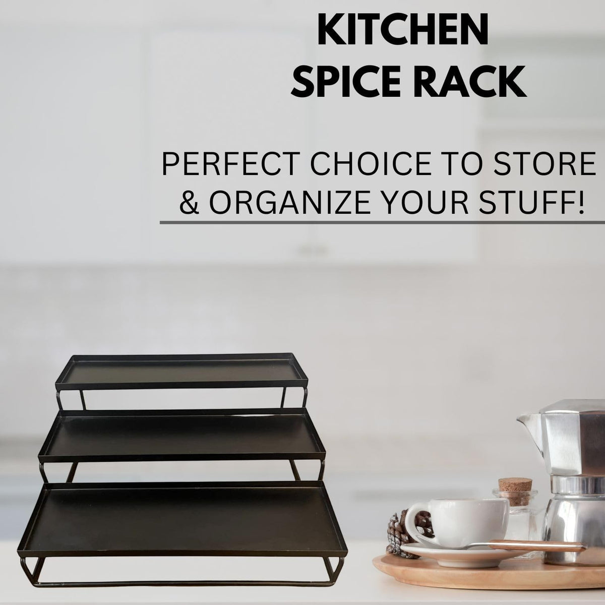 GoHooked black 3-tier step standing kitchen spice rack made of powder-coated iron. Ideal for organizing bottles, jars, and cans.