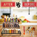 GoHooked black 3-tier step standing rack organizer with small glass spice bottles. Made of powder-coated iron.