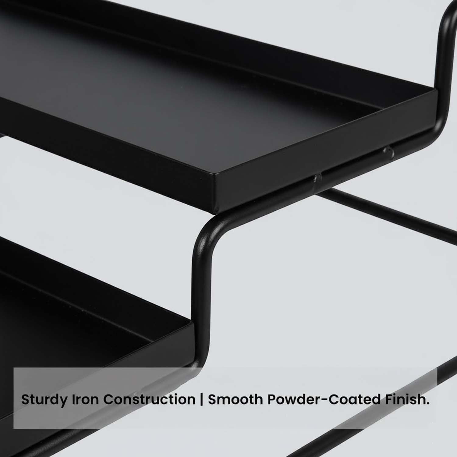 GoHooked black 3-tier metal spice rack organizer with smooth powder-coated finish. Ideal for kitchen counters, cabinets, or pantries.