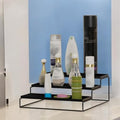 GoHooked black 3-tier step shelf organizer made of powder-coated iron, ideal for kitchen spices, bathroom toiletries, or pantry storage.