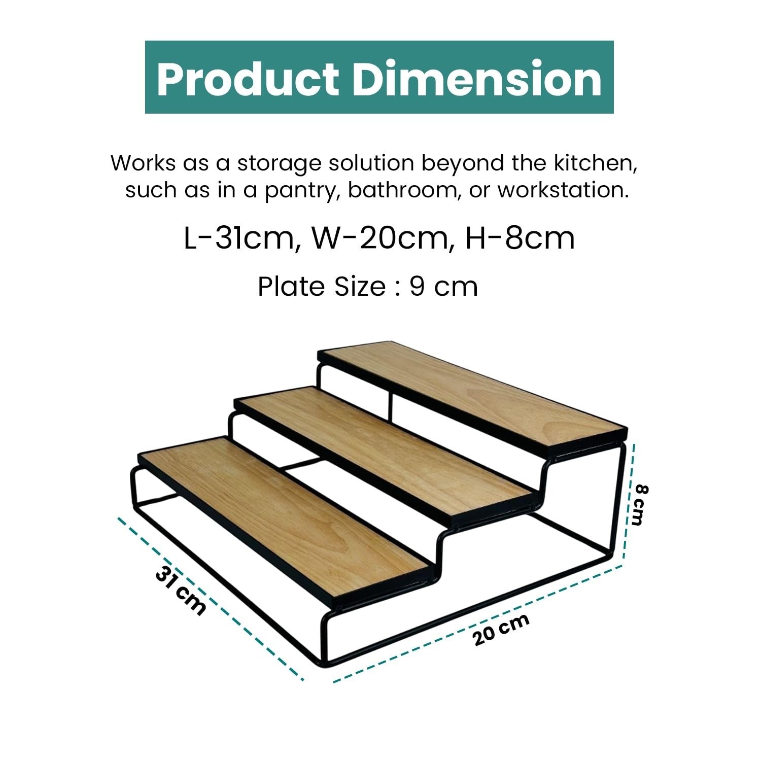 GoHooked black 3-tier iron countertop storage rack with wood-look shelves, 31cm wide, for spices, toiletries, or office supplies.
