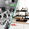 GoHooked black 3-tier curved metal vanity organizer with curved handles, made of powder-coated iron. Ideal for makeup and toiletries.