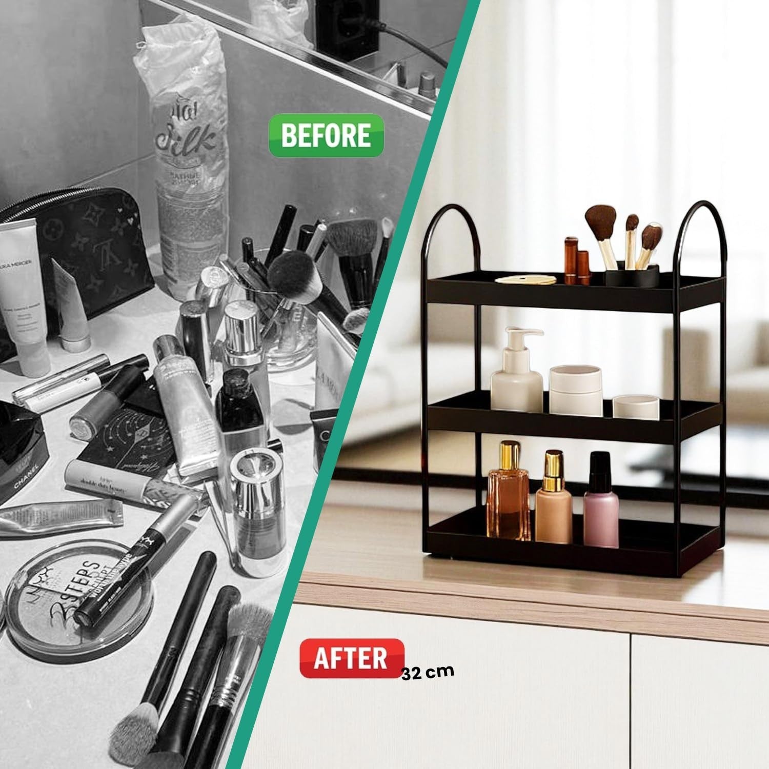 GoHooked black 3-tier curved metal vanity organizer with curved handles, made of powder-coated iron. Ideal for makeup and toiletries.