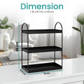 GoHooked black 3-tier curved metal vanity organizer rack, 45cm tall, powder-coated iron, freestanding countertop storage.