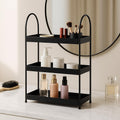 GoHooked black 3-tier curved metal vanity organizer with makeup, skincare, and perfume