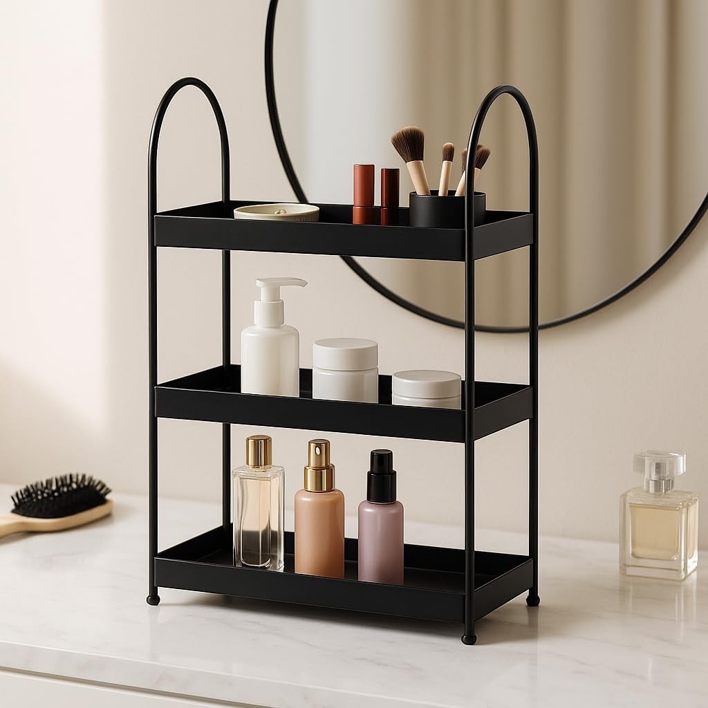 GoHooked black 3-tier curved metal vanity organizer with makeup, skincare, and perfume