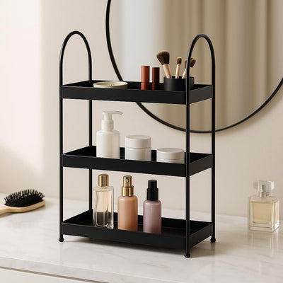 Go Hooked 3 Tier Curved Metal Vanity Organizer – 45cm Tall Countertop Storage Rack for Bathroom, Dressing Table & Desk | Powder Coated Rust-Resist Iron | Freestanding Space-Saving Shelf (Black)