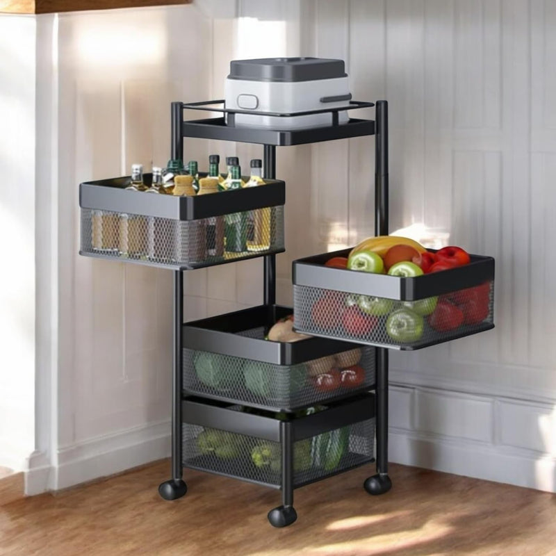 GoHooked black 4-layer metal mesh rolling storage trolley with rotating baskets filled with fruits, vegetables, and bottles.