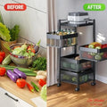 Go Hooked black 4-layer rotating kitchen trolley organizer with mesh baskets storing fruits, vegetables, and bottles.