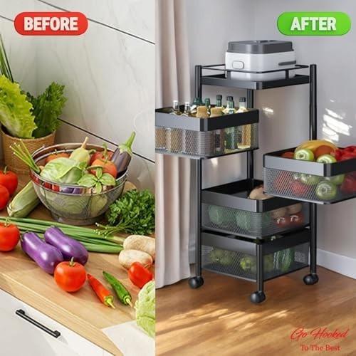 Go Hooked black 4-layer rotating kitchen trolley organizer with mesh baskets storing fruits, vegetables, and bottles.