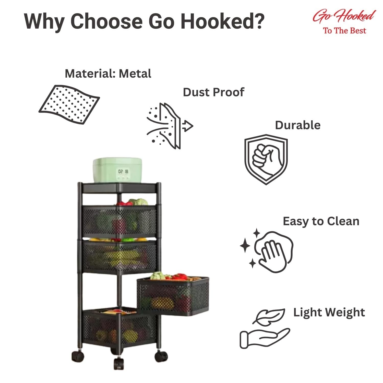 GoHooked black 4-layer metal rotating storage trolley with mesh drawers filled with fruits and vegetables.