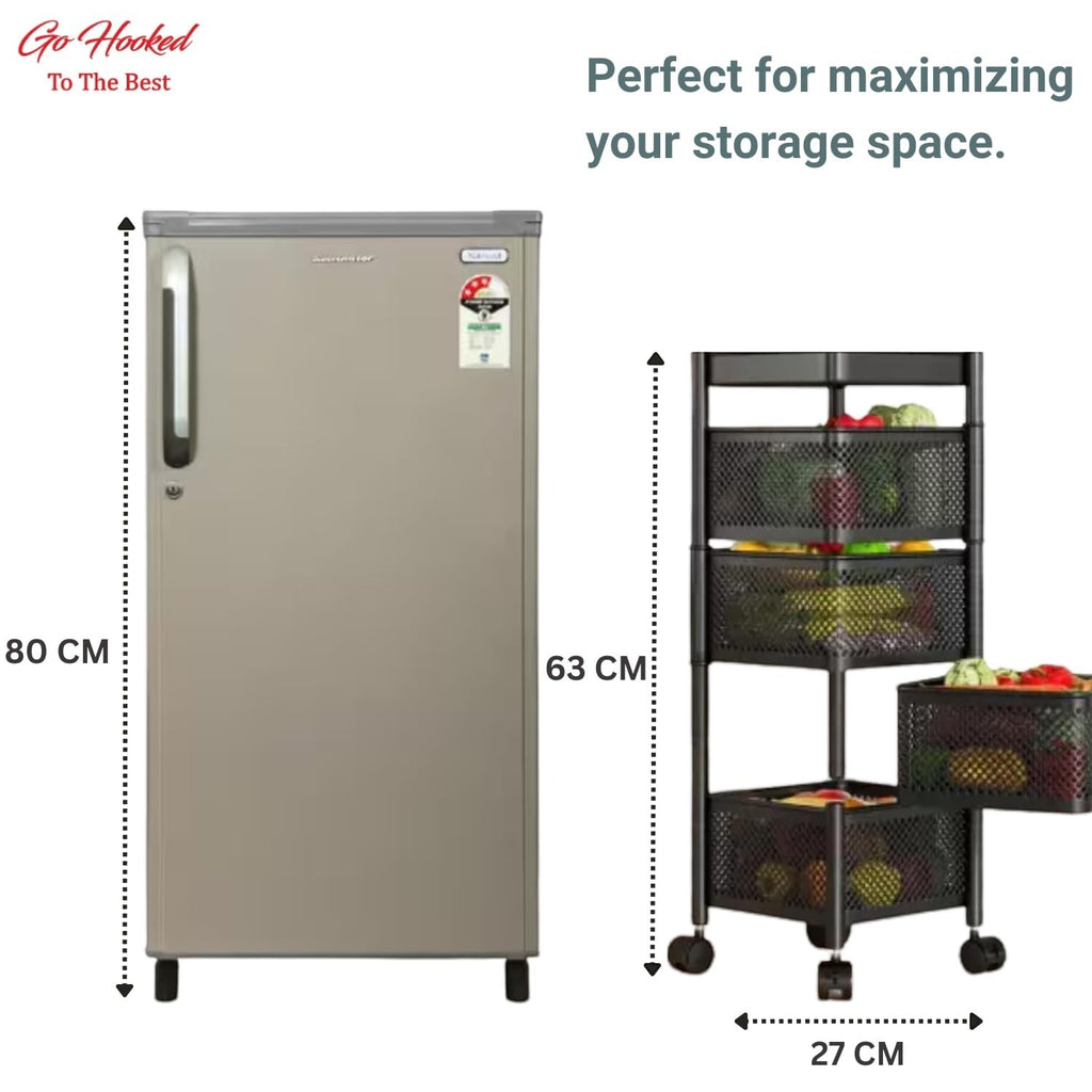 Go Hooked black 4-layer rotating storage trolley organizer with mesh baskets filled with fruits and vegetables.