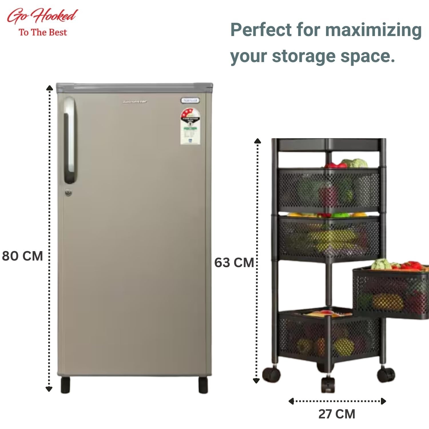 Go Hooked black 4-layer rotating storage trolley organizer with mesh baskets filled with fruits and vegetables.