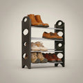 Go Hooked black 4-tier plastic shoe rack with silver metal rods holding boots, dress shoes, and sneakers.