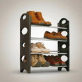 Go Hooked black 4-tier plastic shoe rack with silver metal shelves holding boots, dress shoes, and casual shoes.