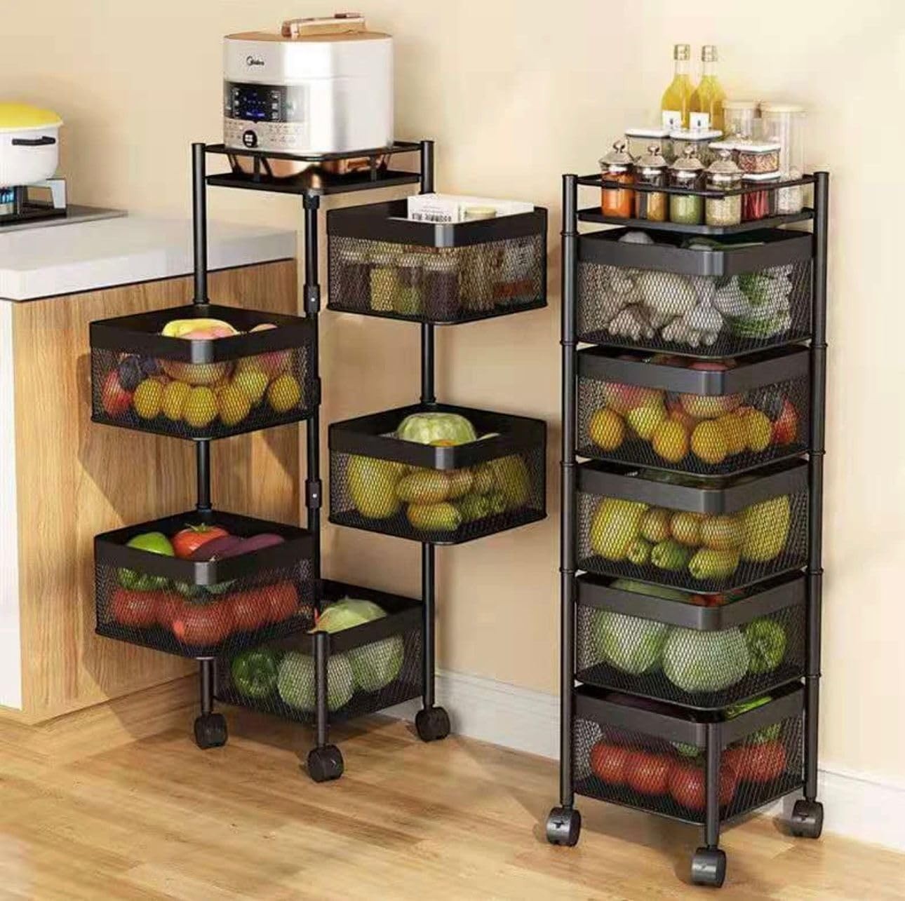 Go Hooked black 5-layer rotating mesh storage trolley organizer filled with fruits and vegetables.
