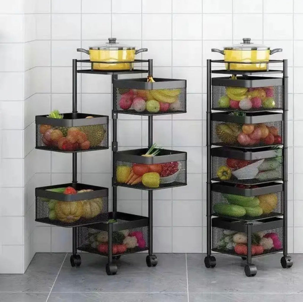 Go Hooked black 5-tier rotating metal mesh kitchen trolley organizer filled with fruits and vegetables