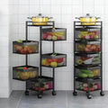 Go Hooked black 5-tier rotating metal mesh kitchen trolley organizer filled with fruits and vegetables
