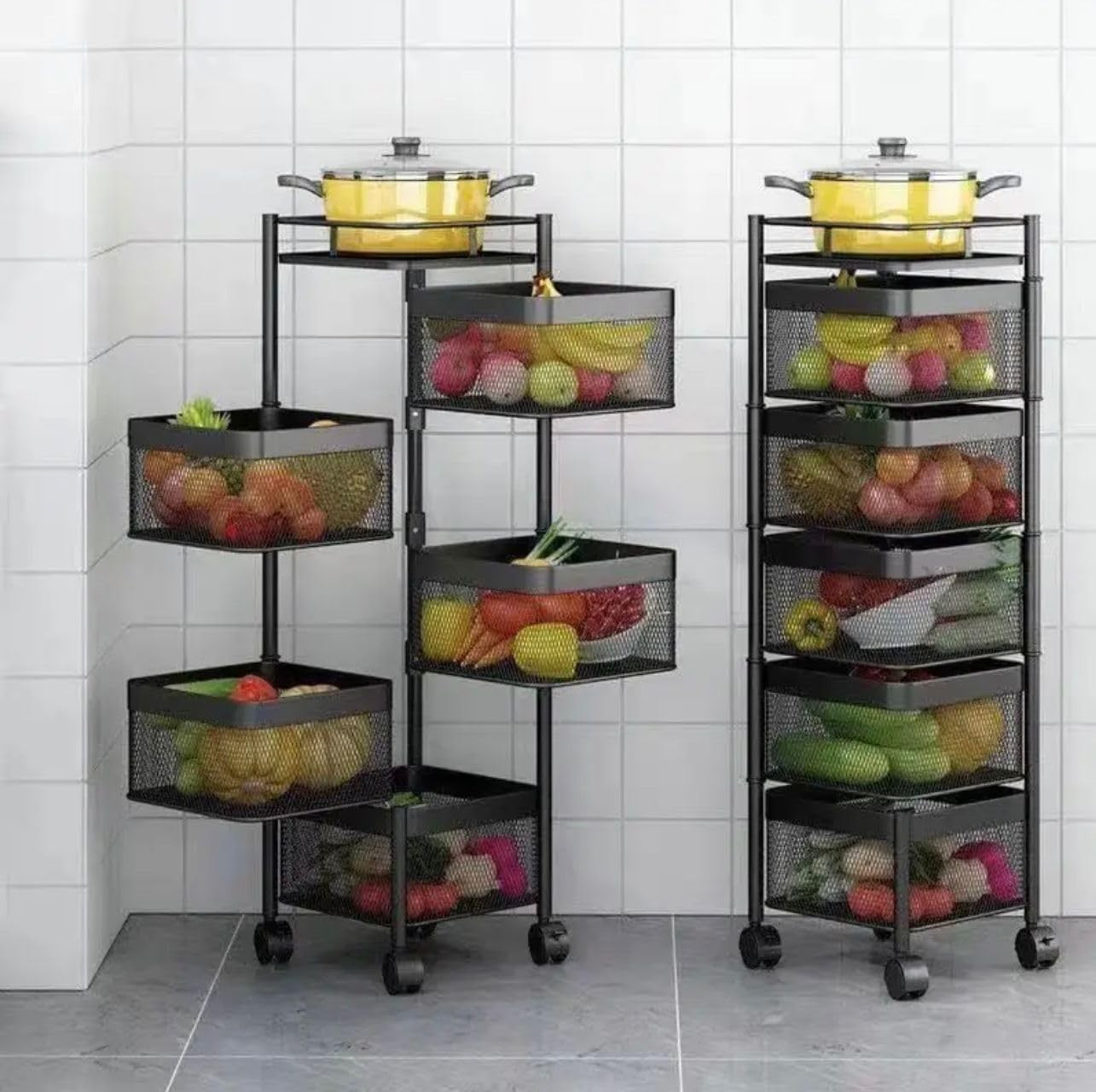 Go Hooked black 5-tier rotating metal mesh kitchen trolley organizer filled with fruits and vegetables