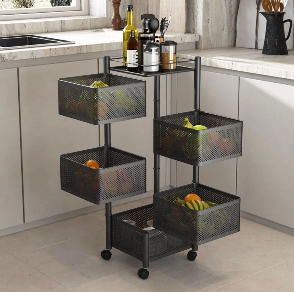 Go Hooked black 5-tier rotating metal mesh storage trolley organizer with wheels, ideal for fruits and vegetables.