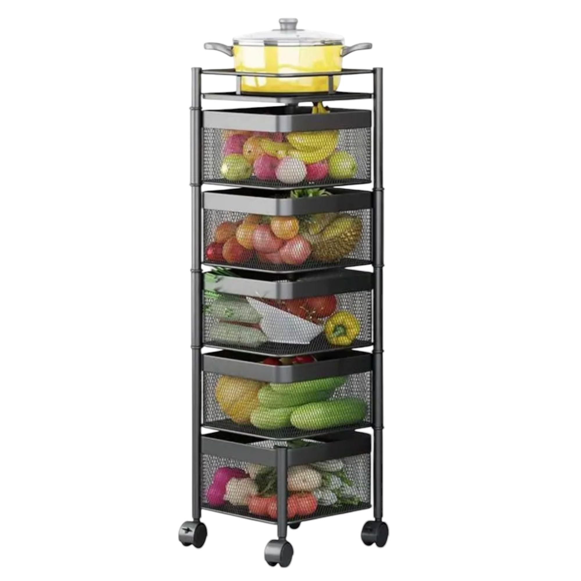 GoHooked black 5-tier rotating metal mesh storage trolley organizer filled with fruits and vegetables, topped with a yellow pot.