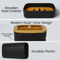 Go Hooked black plastic bathroom accessory set with heart embossed design and wooden style drainer. Includes soap dish, toothbrush holder, tumbler, and dispenser.