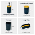 GoHooked black plastic 4-piece bathroom set with heart embossed design: soap dispenser, toothbrush holder, tumbler, and soap dish.