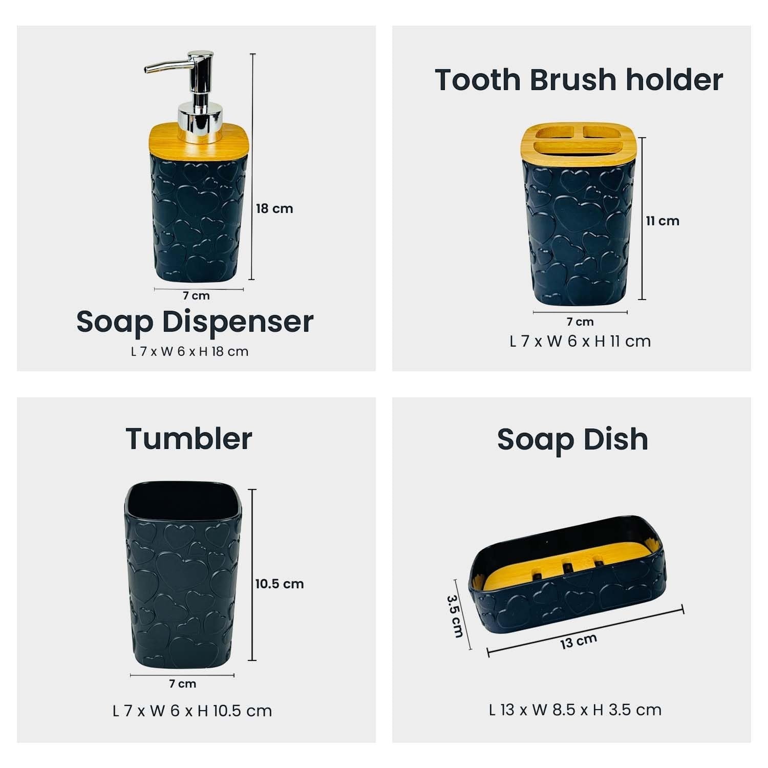 GoHooked black plastic 4-piece bathroom set with heart embossed design: soap dispenser, toothbrush holder, tumbler, and soap dish.