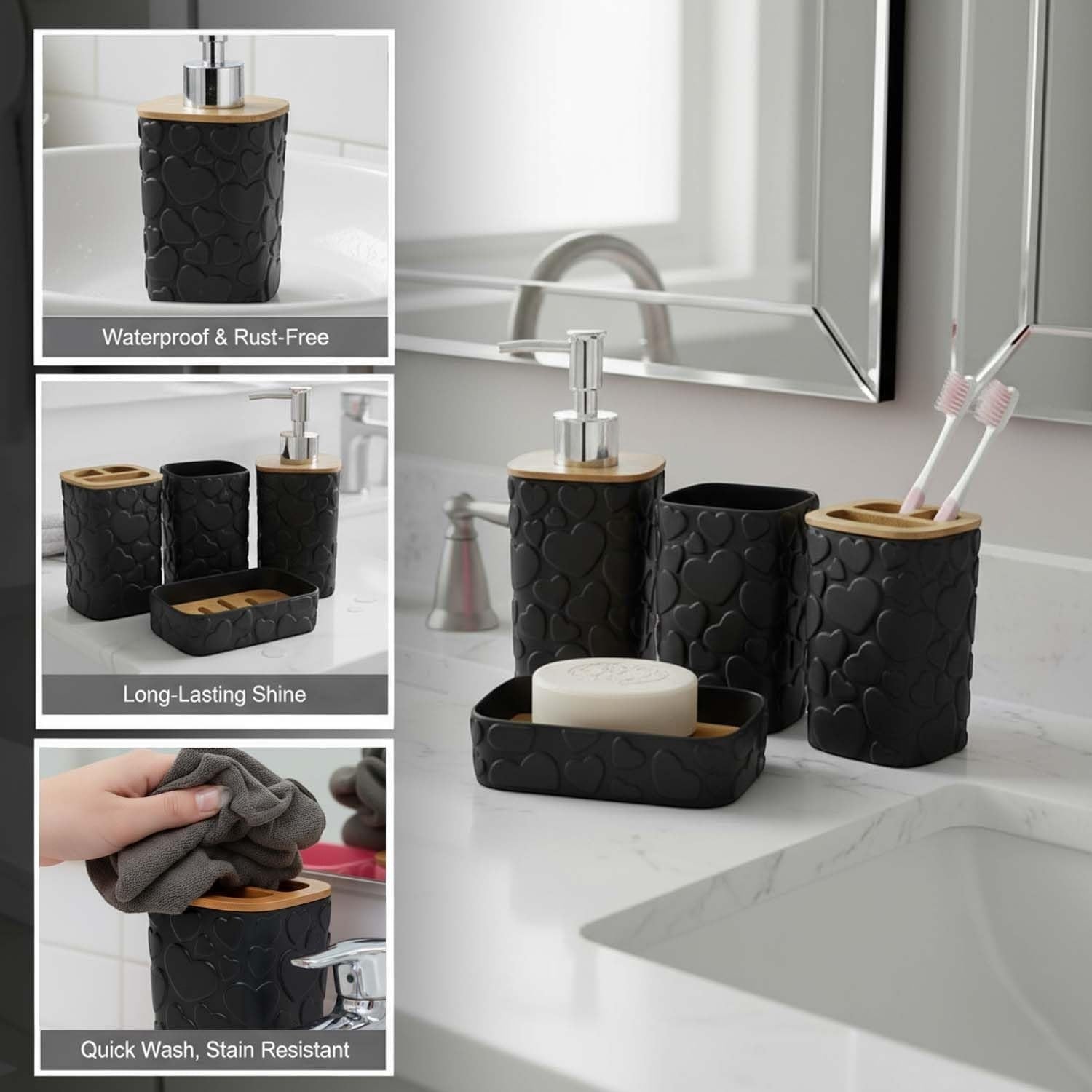 Go Hooked black plastic 4-piece bathroom set with heart embossed design, includes soap dispenser, tumbler, toothbrush holder, and soap dish.
