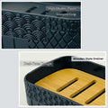 Go Hooked black textured plastic bathroom accessory set with wooden style drainer. Includes soap dish, tumbler, toothbrush holder, and dispenser.