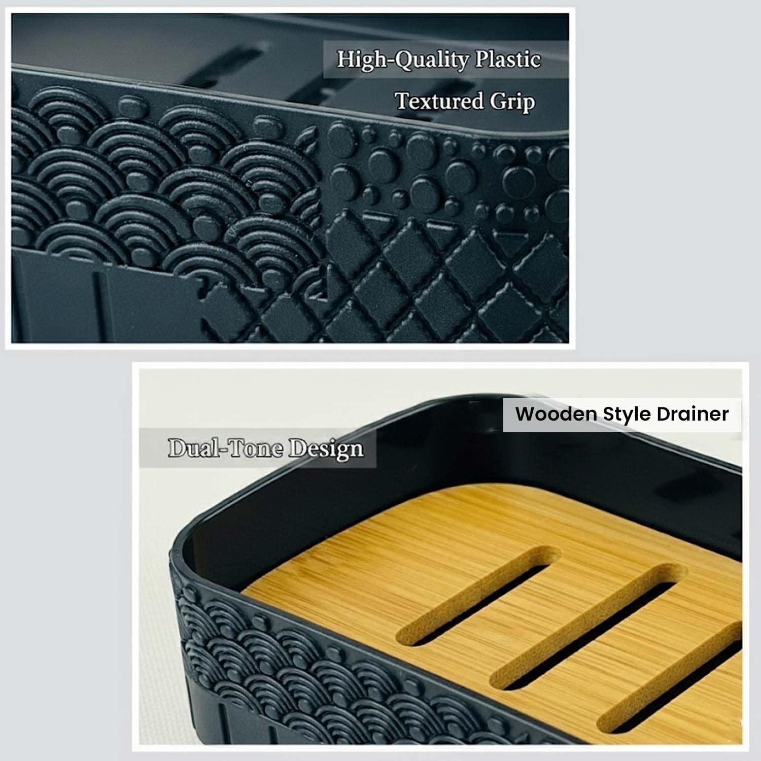 Go Hooked black textured plastic bathroom accessory set with wooden style drainer. Includes soap dish, tumbler, toothbrush holder, and dispenser.