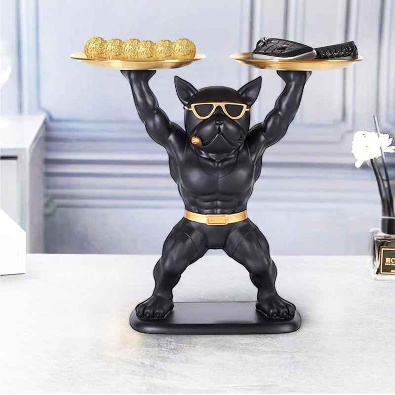 GoHooked black polyresin bulldog statue with gold sunglasses and belt, holding two gold serving trays.
