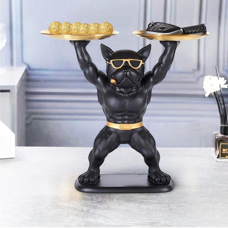 Go Hooked black polyresin bulldog statue with gold sunglasses and cigar, holding two gold serving trays.