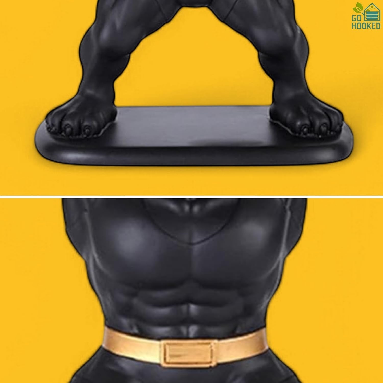 Go Hooked black polyresin bulldog statue with gold belt, featuring muscular torso and paws on a tray stand.